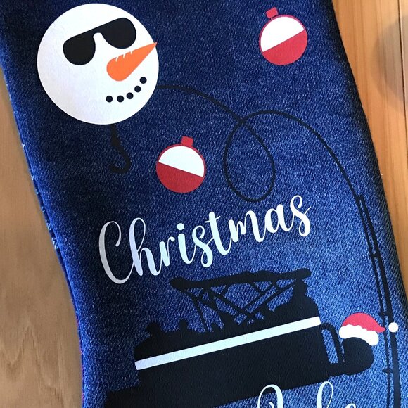 Handmade Denim Christmas Stocking: Lake Cabin Decor, Pontoon Fishing, Size S-M - Picture 4 of 7